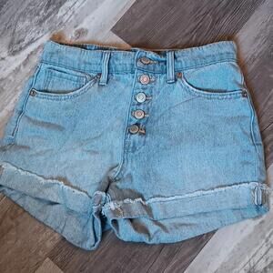 AERO AEROPOSTALE Sz 0 Mom Jean Shorts Exposed Button Fly High Waist Light Wash